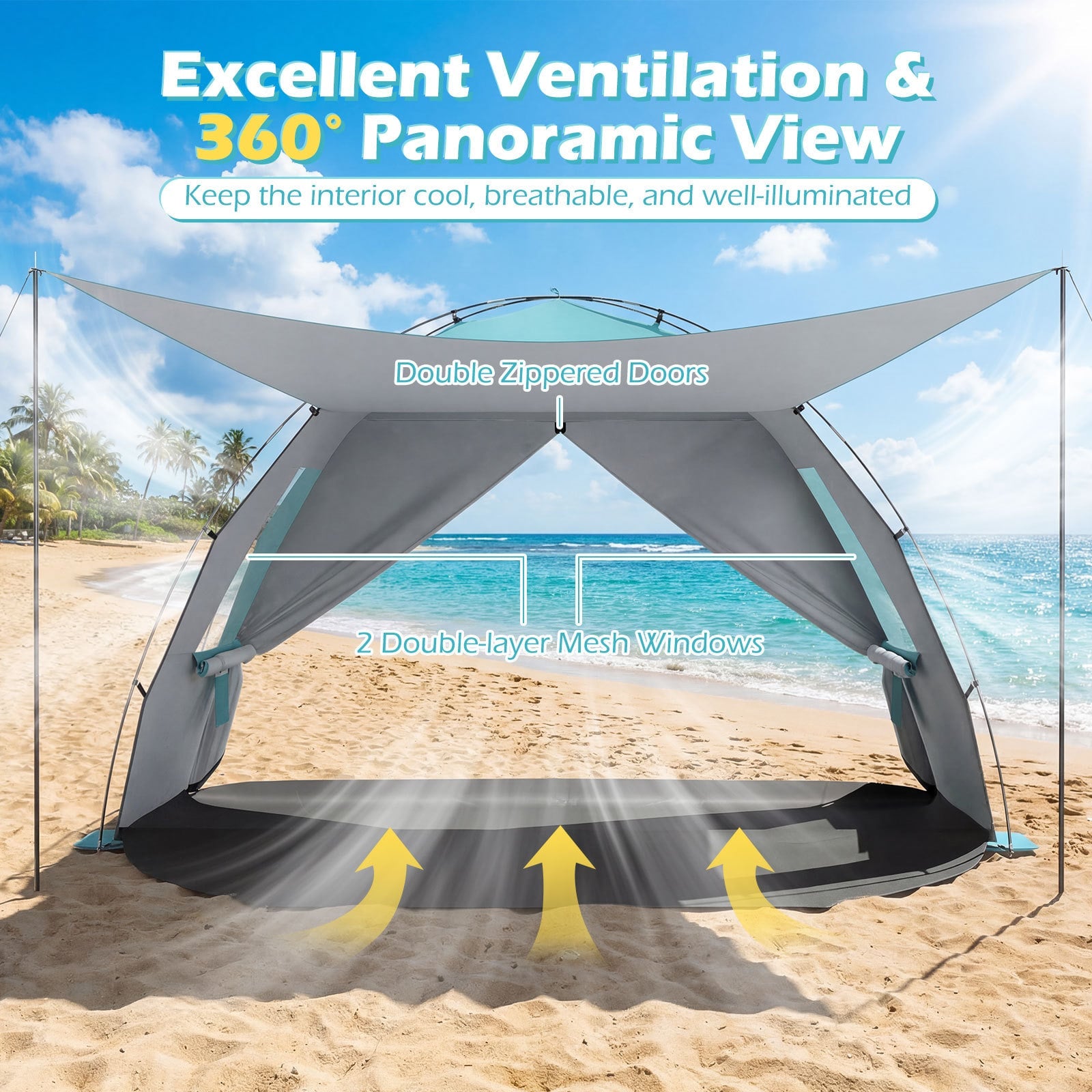 Beach Tent Sun Shelter with Canopy Carry Bag for 3-4 Person-Blue