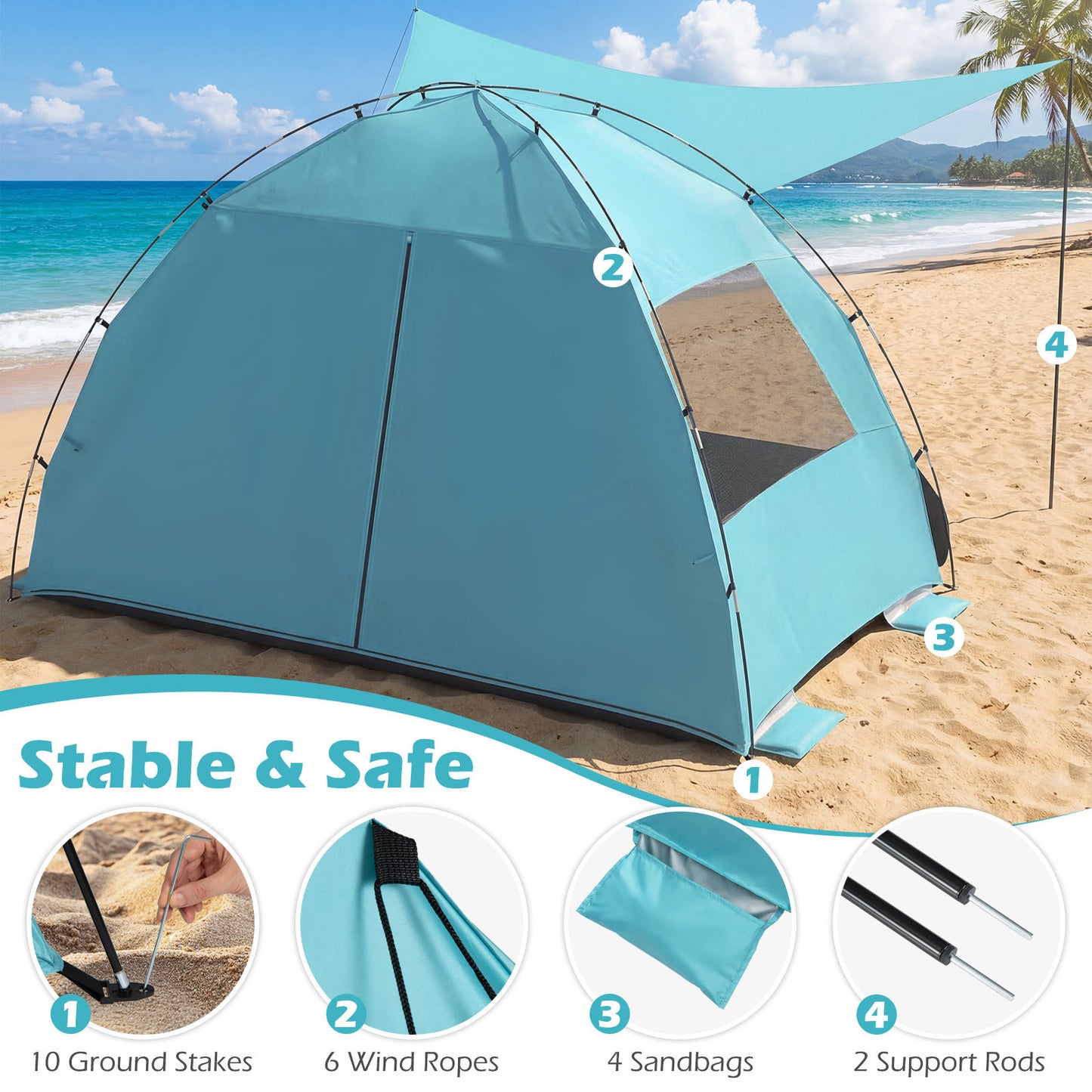 Beach Tent Sun Shelter with Canopy Carry Bag for 3-4 Person-Blue