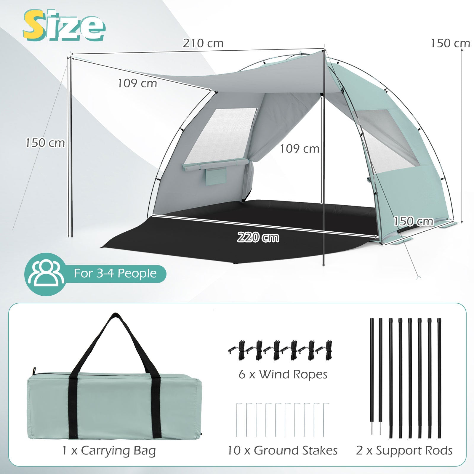 Beach Tent Sun Shelter with Canopy Carry Bag for 3-4 Person-Green