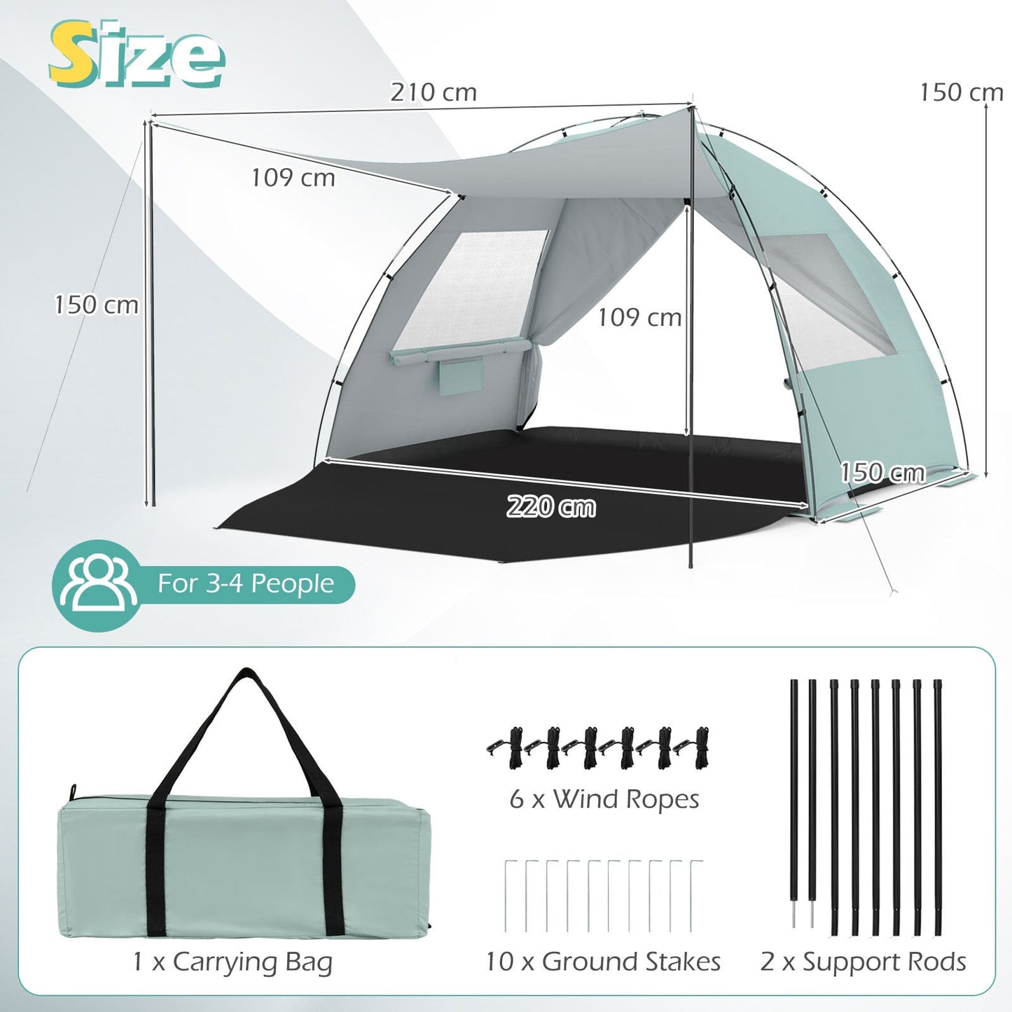 Beach Tent Sun Shelter with Canopy Carry Bag for 3-4 Person-Green
