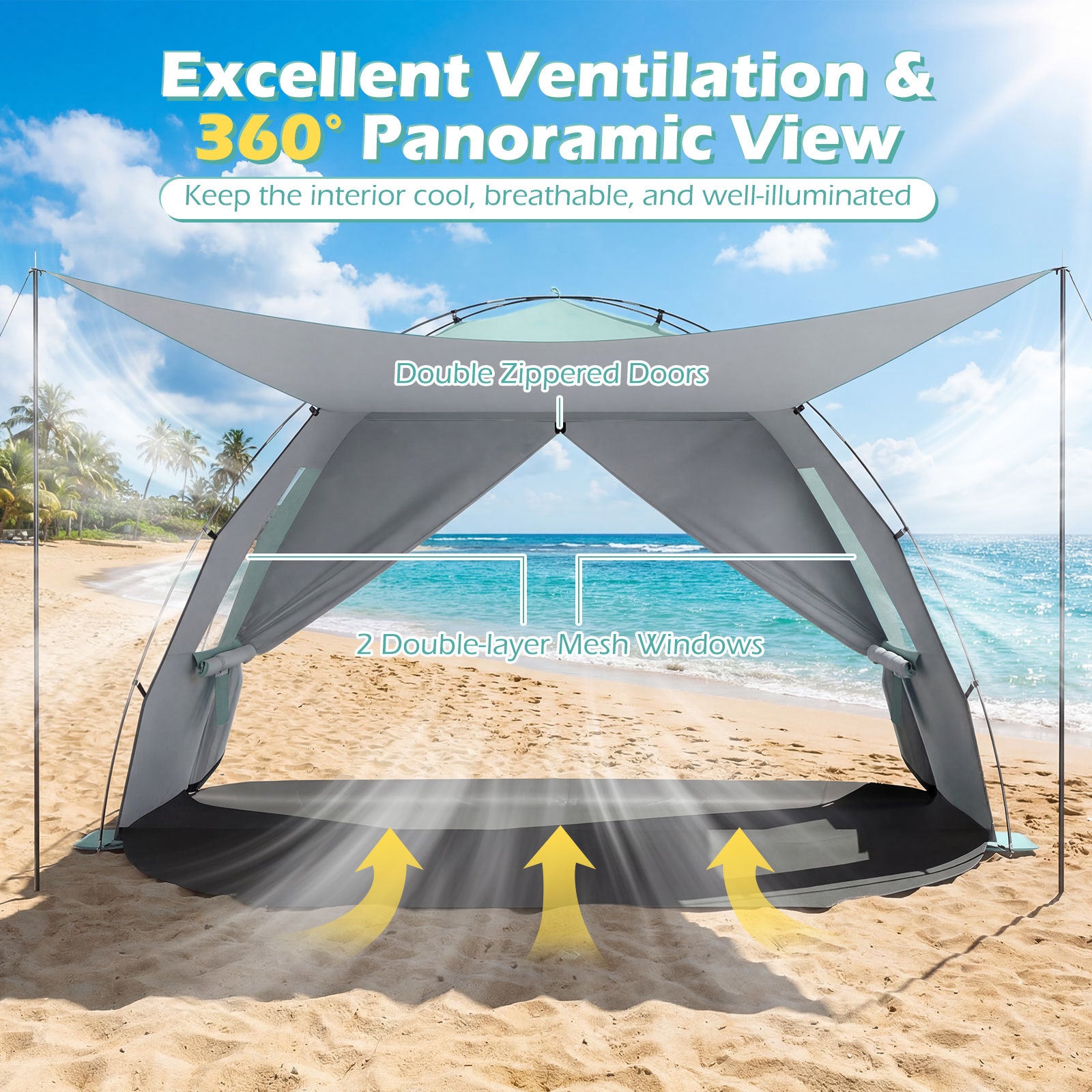 Beach Tent Sun Shelter with Canopy Carry Bag for 3-4 Person-Green