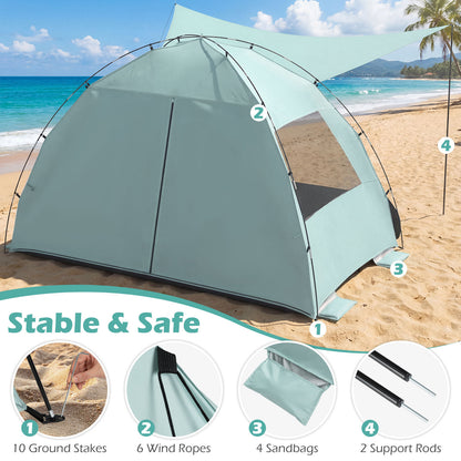 Beach Tent Sun Shelter with Canopy Carry Bag for 3-4 Person-Green