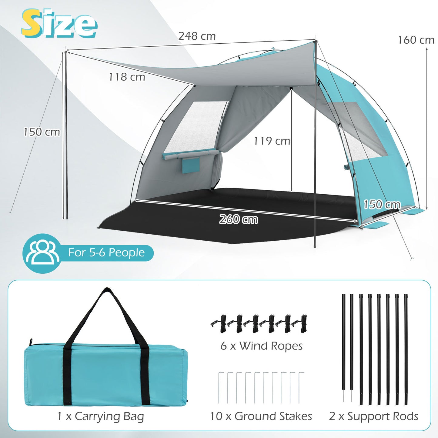 Beach Tent Sun Shelter with Canopy Carry Bag for 5-6 Person-Blue