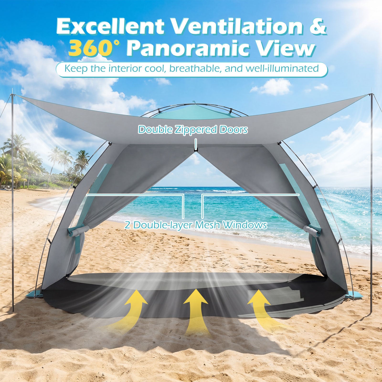 Beach Tent Sun Shelter with Canopy Carry Bag for 5-6 Person-Blue