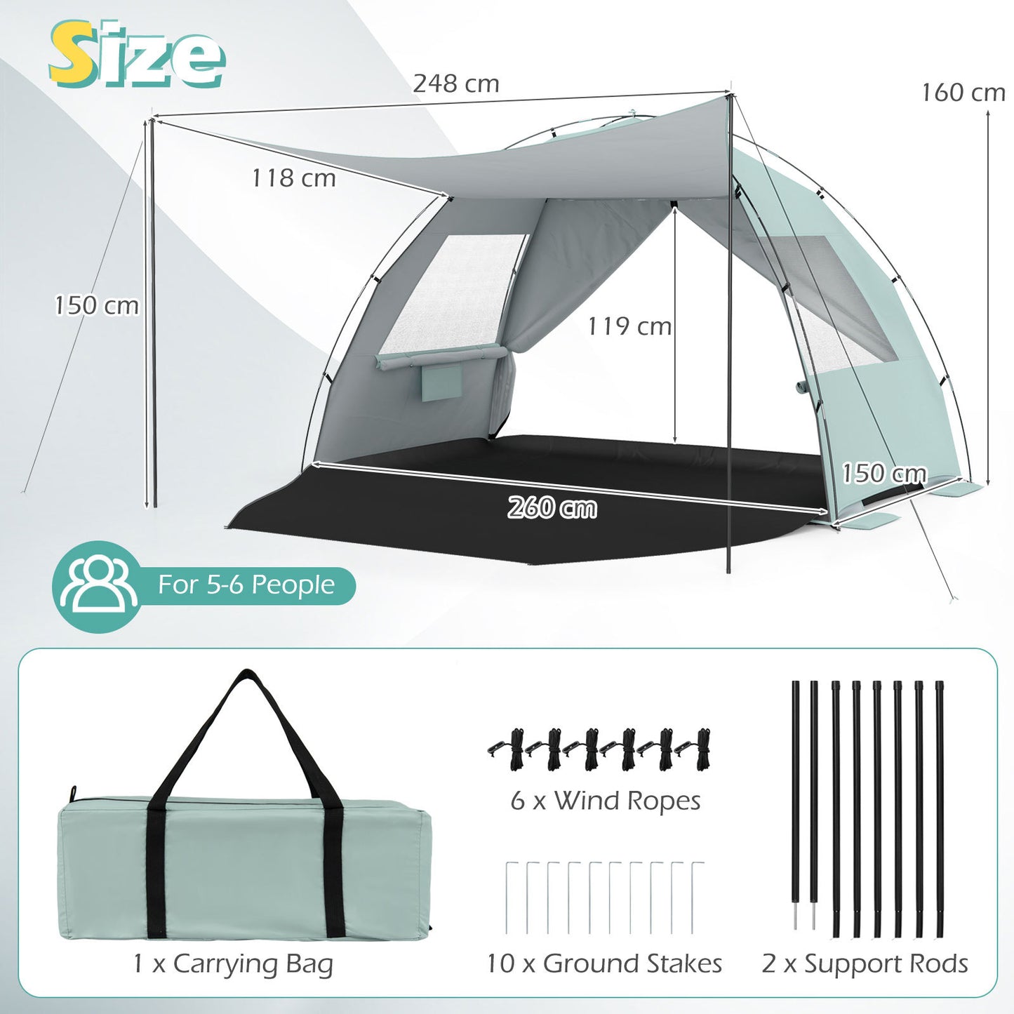 Beach Tent Sun Shelter with Canopy Carry Bag for 5-6 Person-Green