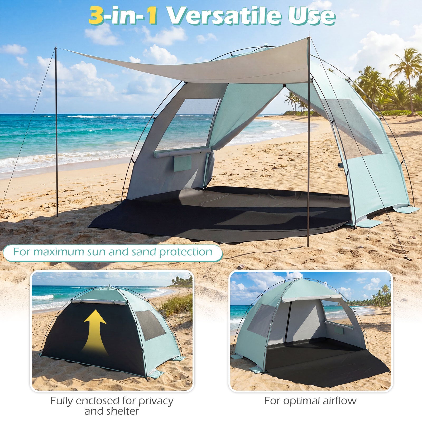 Beach Tent Sun Shelter with Canopy Carry Bag for 5-6 Person-Green