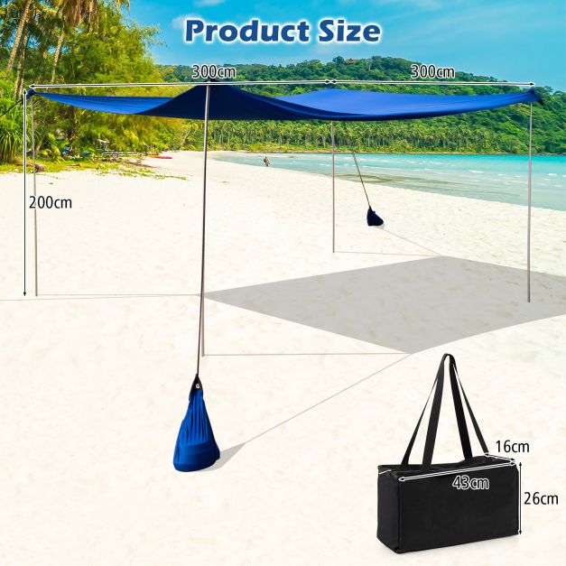 Beach Canopy Shields 300 x 300 cm Beach Tent Sun Shelter Fit 6-8 People-Blue