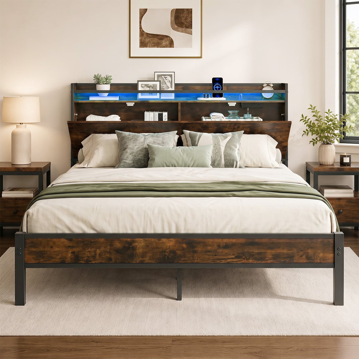 Bed Frame with LED Lights and Charging Station Industrial Metal Platform Bed-King Size