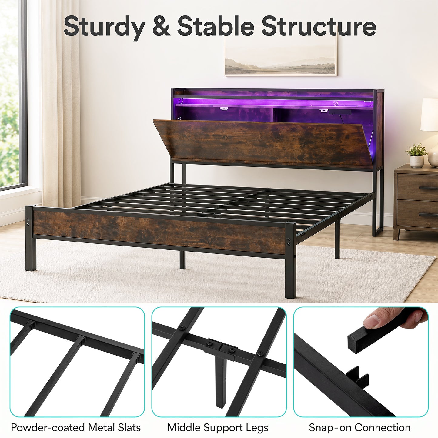 Bed Frame with LED Lights and Charging Station Industrial Metal Platform Bed-King Size