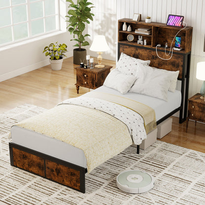 King/Double Size Bed Frame with Charging Station and Storage Headboard-Single Size