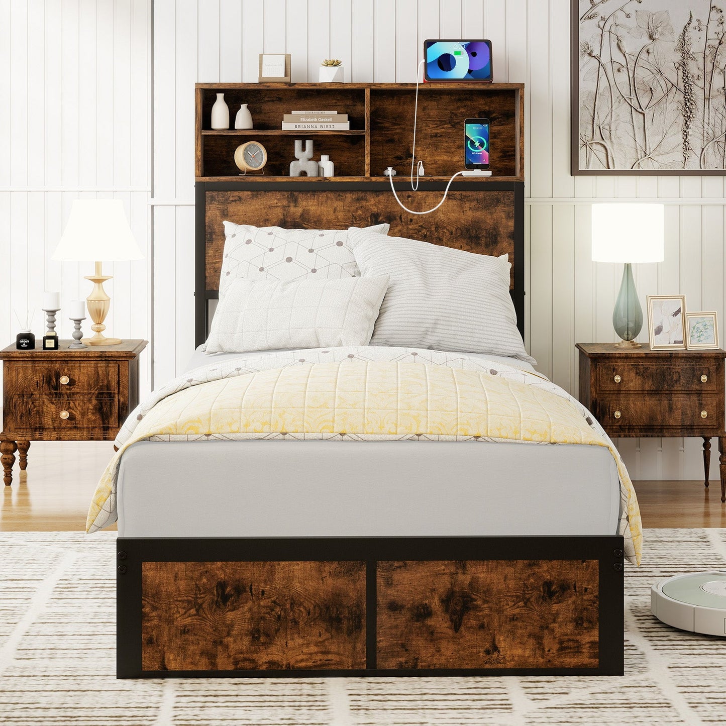 King/Double Size Bed Frame with Charging Station and Storage Headboard-Single Size