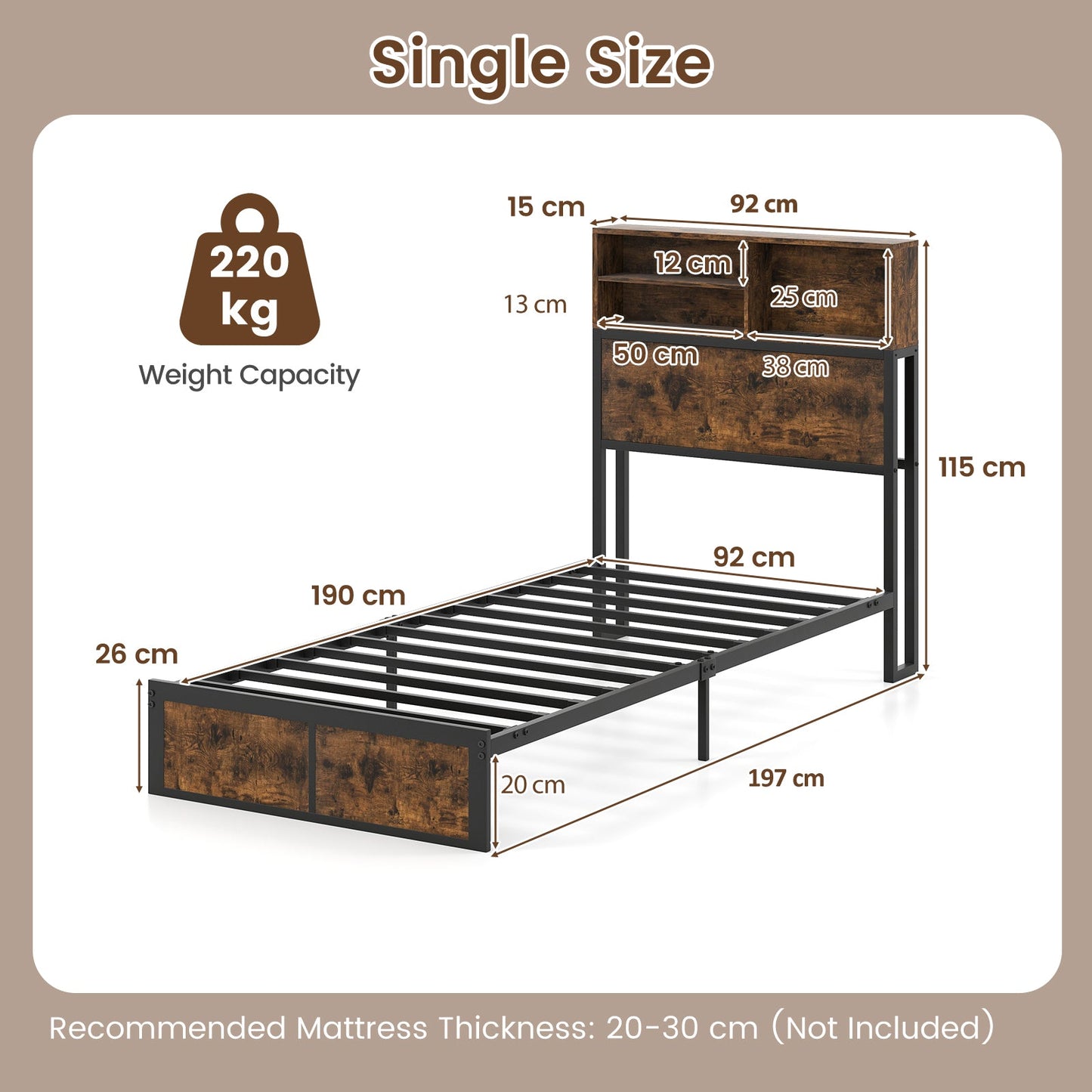 King/Double Size Bed Frame with Charging Station and Storage Headboard-Single Size