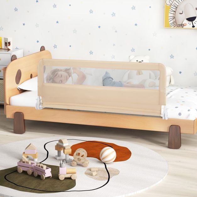 Height Adjustable Bed Rail with Mesh Cloth for Toddlers-Beige