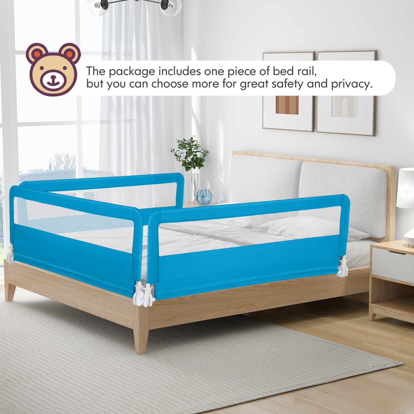 150CM Foldable Baby Bed Rail Guard with Washable Cover and Safety Strap-Blue