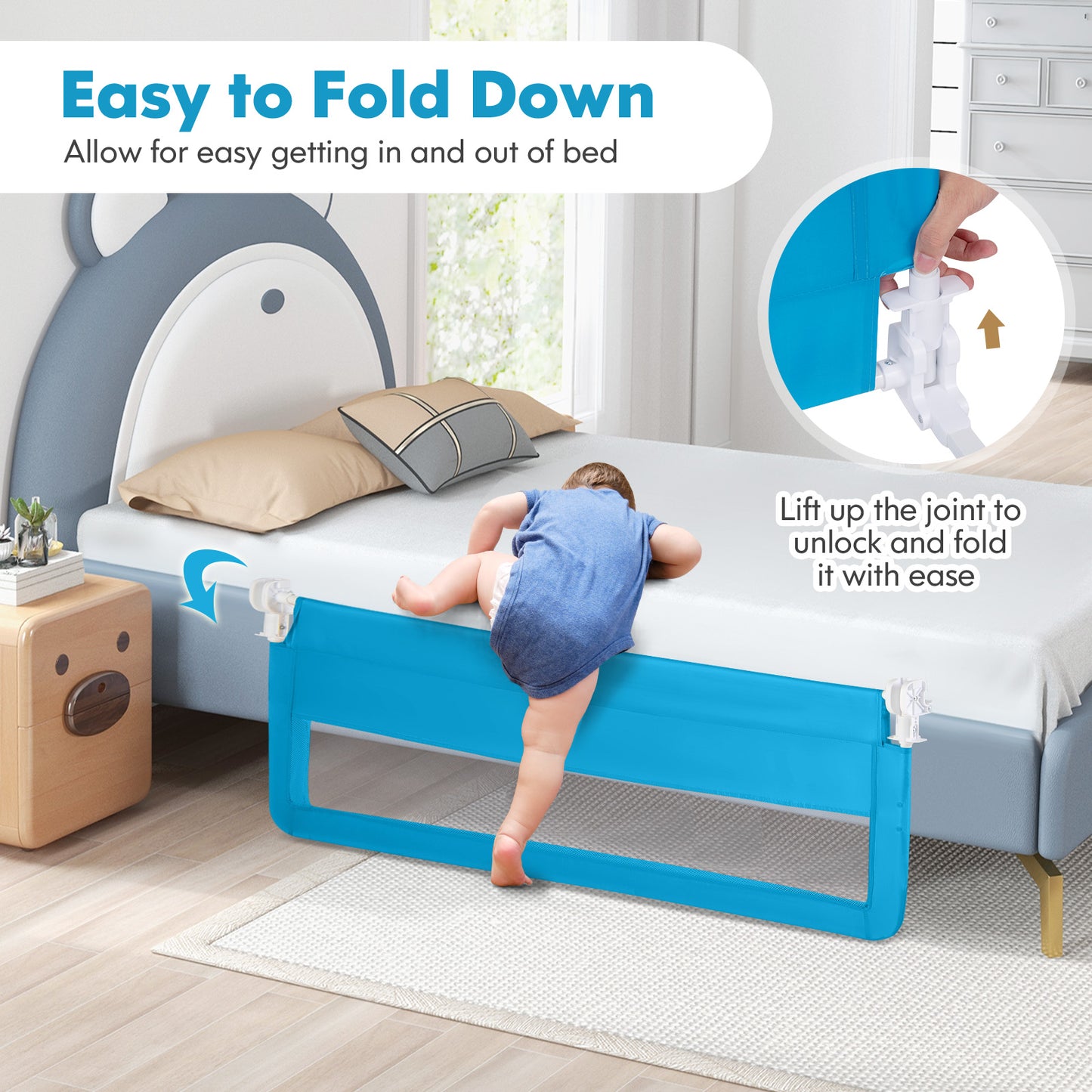 150CM Foldable Baby Bed Rail Guard with Washable Cover and Safety Strap-Blue