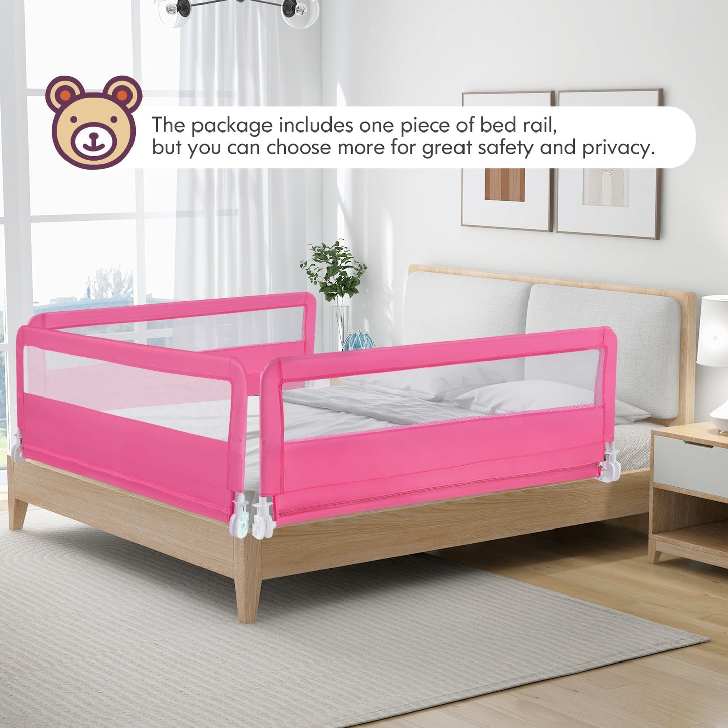 150CM Foldable Baby Bed Rail Guard with Washable Cover and Safety Strap-Pink