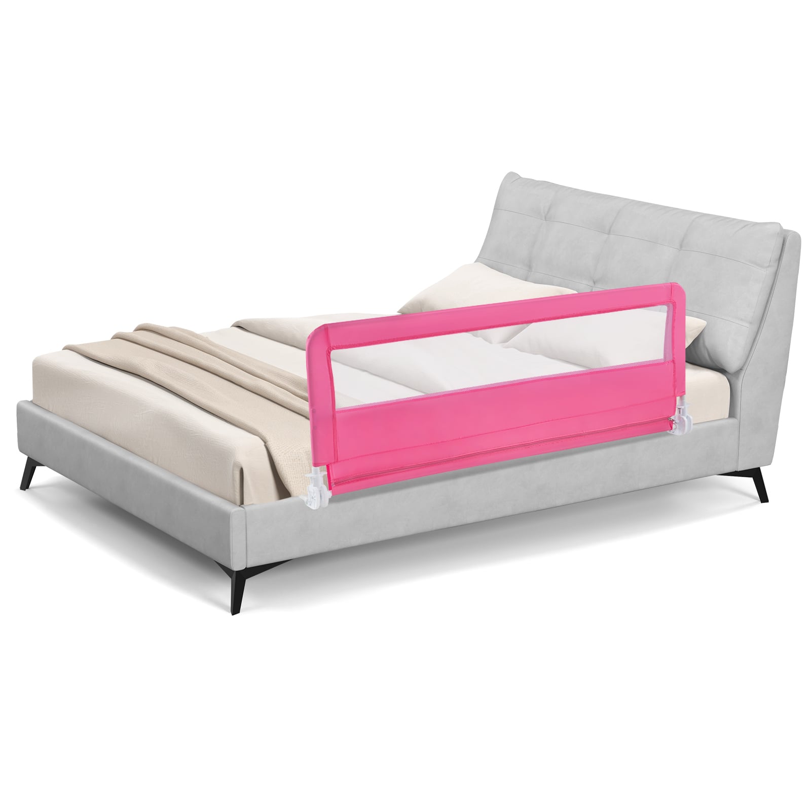 150CM Foldable Baby Bed Rail Guard with Washable Cover and Safety Strap-Pink