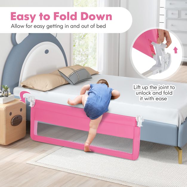150CM Foldable Baby Bed Rail Guard with Washable Cover and Safety Strap-Pink