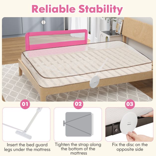 150CM Foldable Baby Bed Rail Guard with Washable Cover and Safety Strap-Pink
