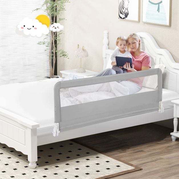 150CM Foldable Baby Bed Rail Guard with Washable Cover and Safety Strap-Silver