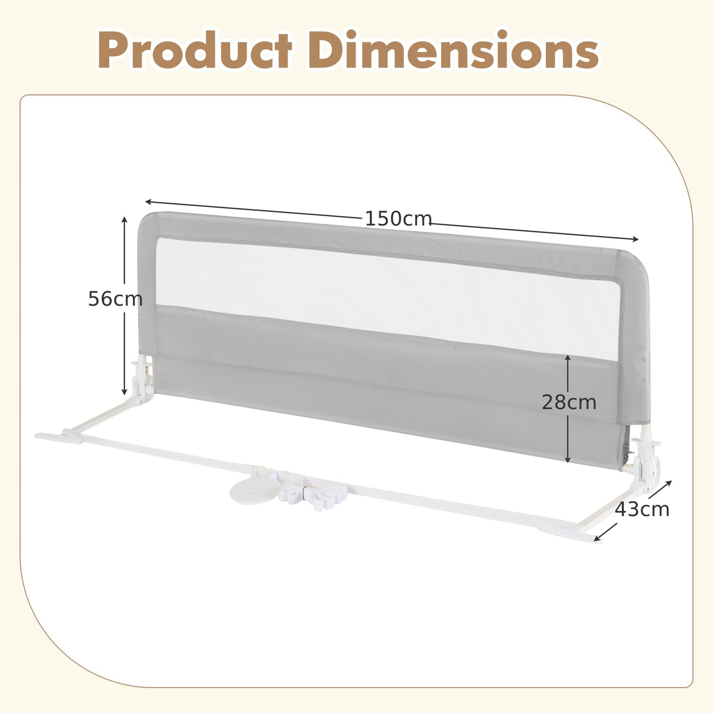 150CM Foldable Baby Bed Rail Guard with Washable Cover and Safety Strap-Silver