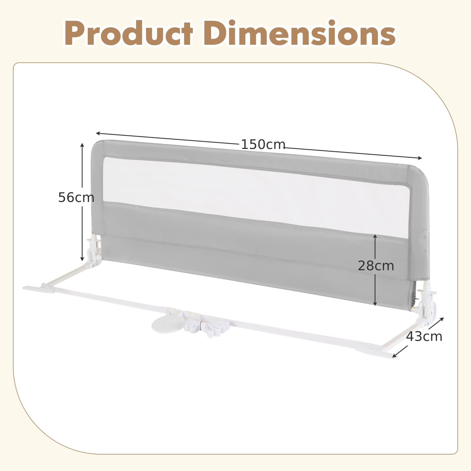150CM Foldable Baby Bed Rail Guard with Washable Cover and Safety Strap-Silver
