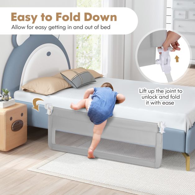 150CM Foldable Baby Bed Rail Guard with Washable Cover and Safety Strap-Silver