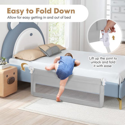 150CM Foldable Baby Bed Rail Guard with Washable Cover and Safety Strap-Silver