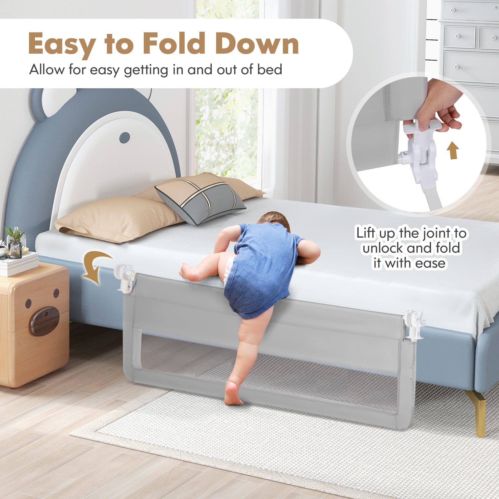 150CM Foldable Baby Bed Rail Guard with Washable Cover and Safety Strap-Silver