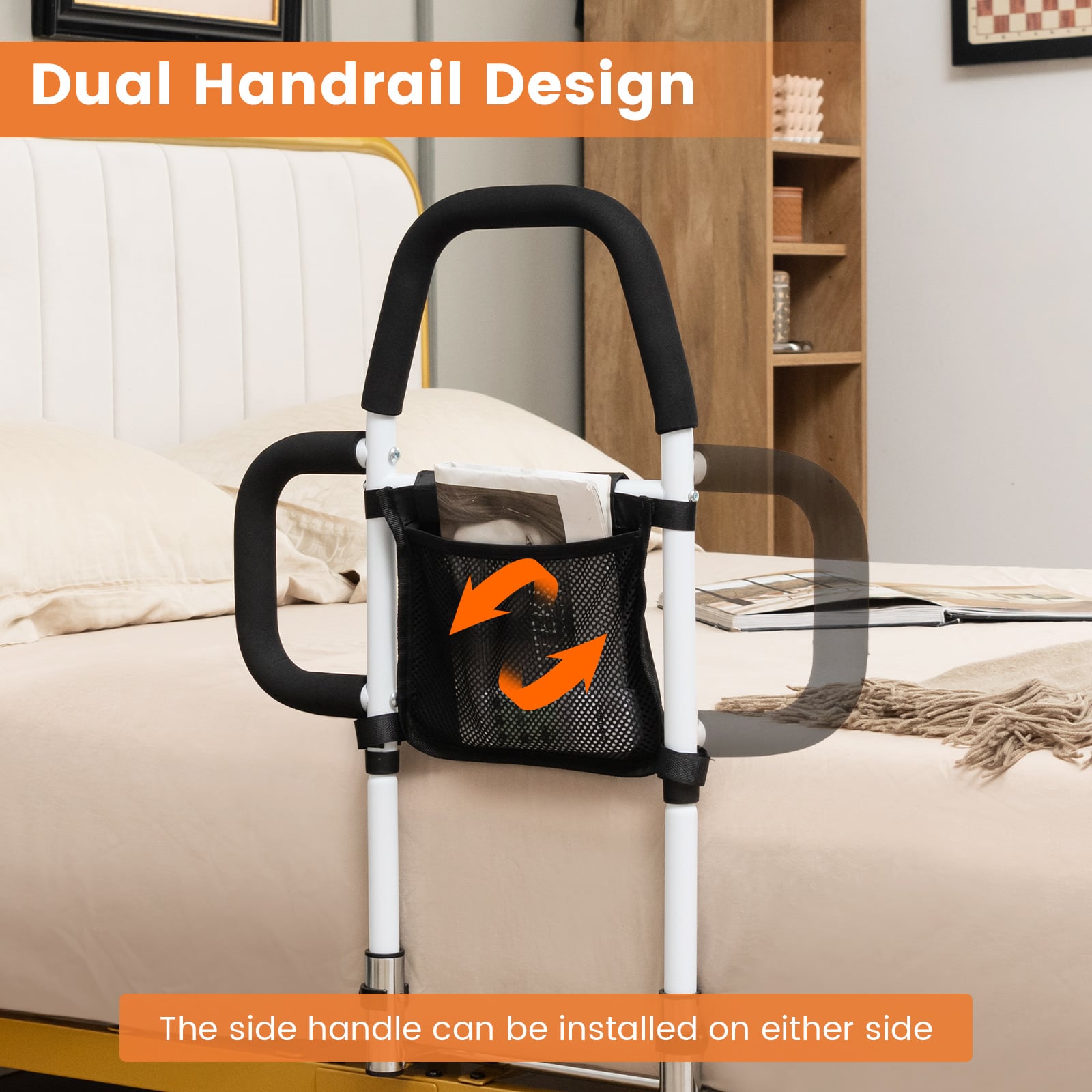 Bed Rail with Dual Handrail for Elderly Adults Support up to 300 LBS-White