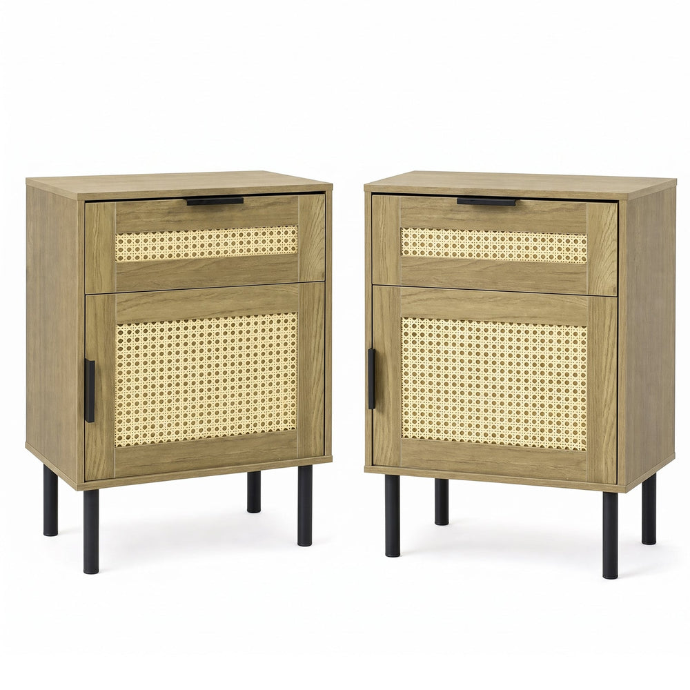 Set of 2 Bedside Table with Rattan-decorated Storage Drawer and Door Metal Legs-Natural