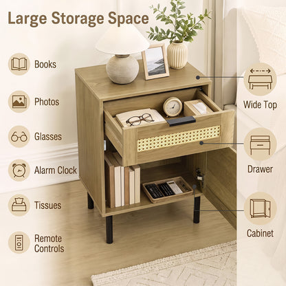 Set of 2 Bedside Table with Rattan-decorated Storage Drawer and Door Metal Legs-Natural