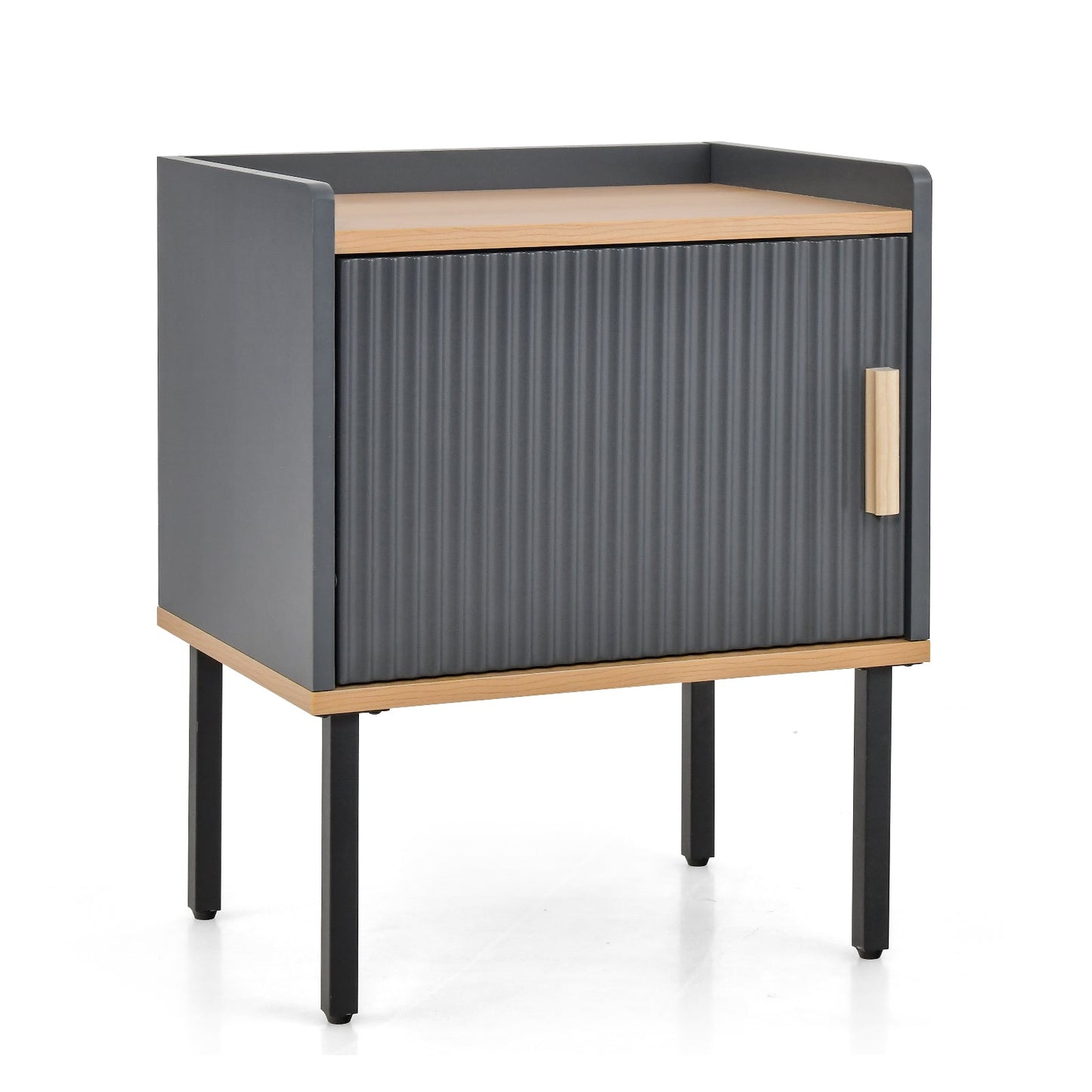 Bedside Table with Single Door Cabinet and Heavy-duty Metal Legs-Dark Grey