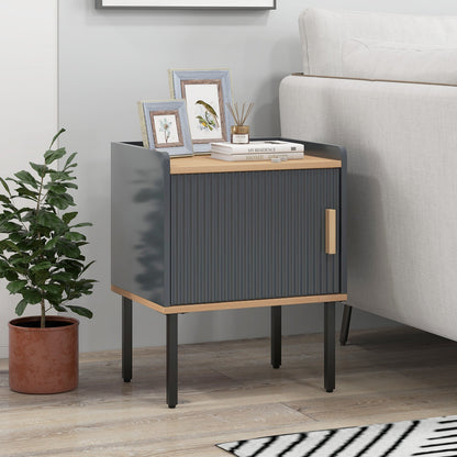 Bedside Table with Single Door Cabinet and Heavy-duty Metal Legs-Dark Grey