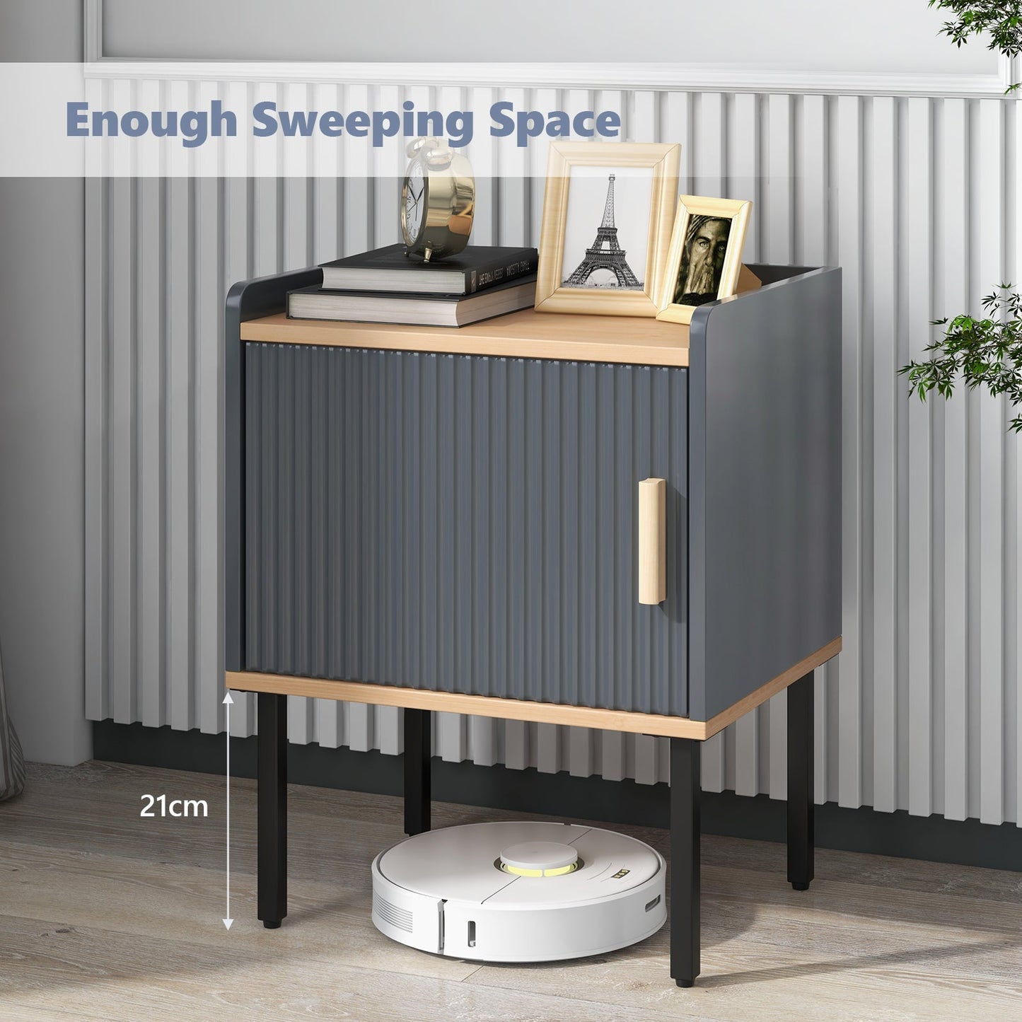 Bedside Table with Single Door Cabinet and Heavy-duty Metal Legs-Dark Grey