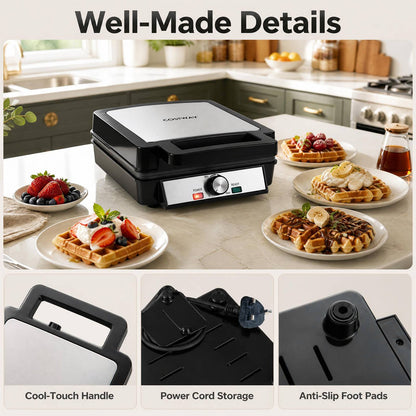 Belgian Waffle Maker 4-Slice 1200W with Browning Knob Nonstick Plates for Family-Black