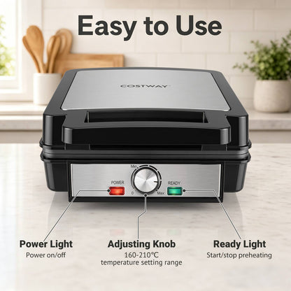 Belgian Waffle Maker 4-Slice 1200W with Browning Knob Nonstick Plates for Family-Black