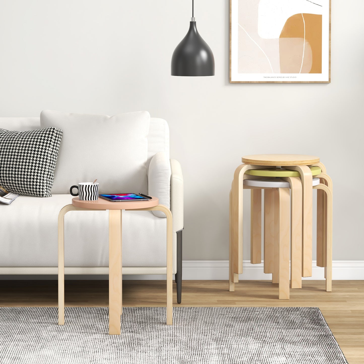 Bentwood Stacking Round Stools Set of 4 with Non-slip Foot Pads-Multicolor