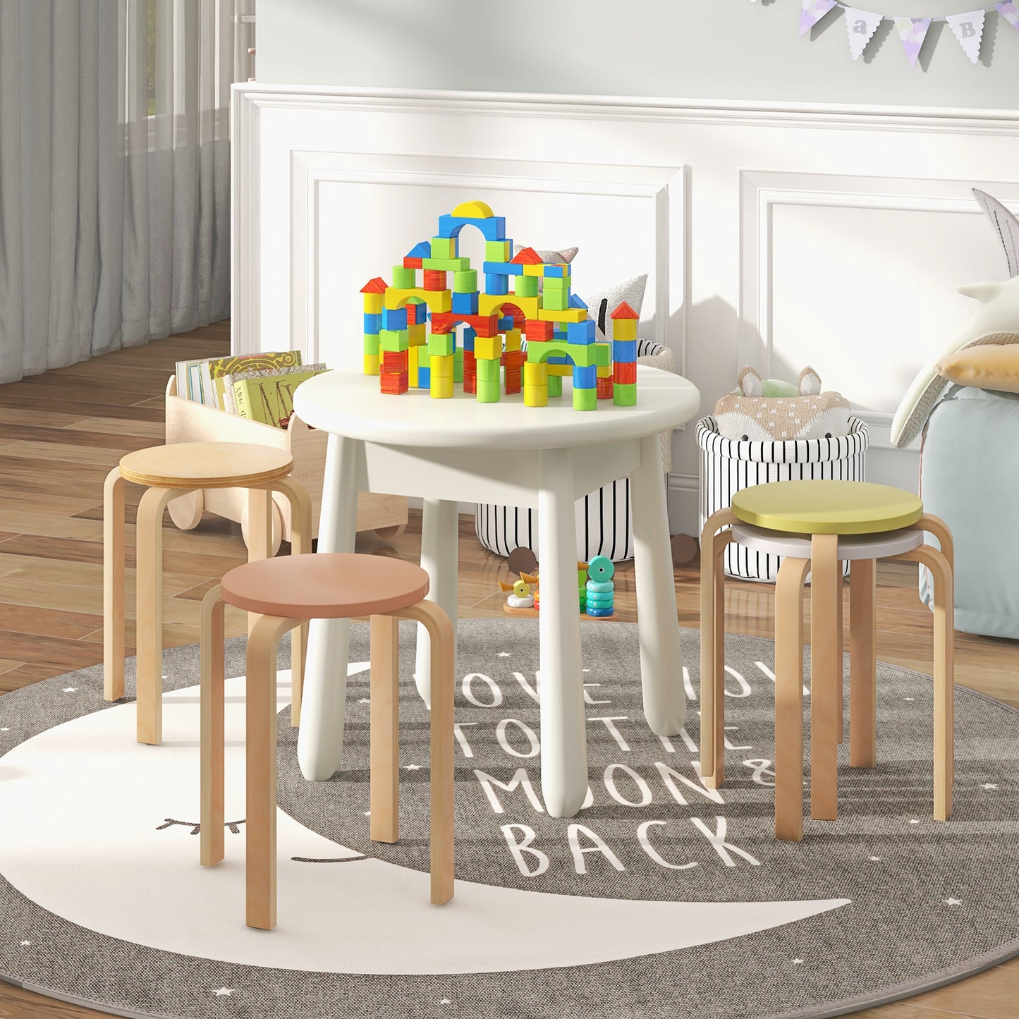 Bentwood Stacking Round Stools Set of 4 with Non-slip Foot Pads-Multicolor