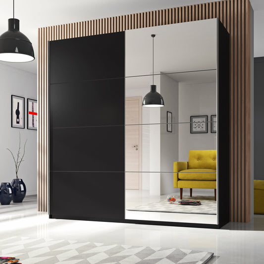 Modern wardrobe with a mirror in a room with a yellow sofa and decor.