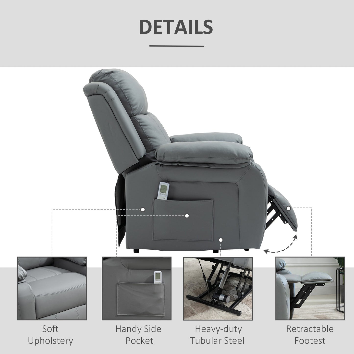 Electric Power Lift Recliner Chair Vibration Massage Reclining Chair with Remote Control and Side Pocket, Grey