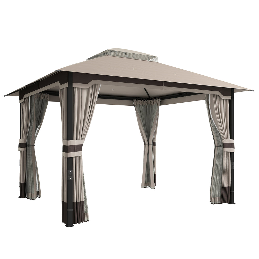 Outsunny 3 x 3.6 m Outdoor Garden Gazebo with Netting and Curtains, Double Roof Patio Gazebo Permanent Pavilion, Khaki