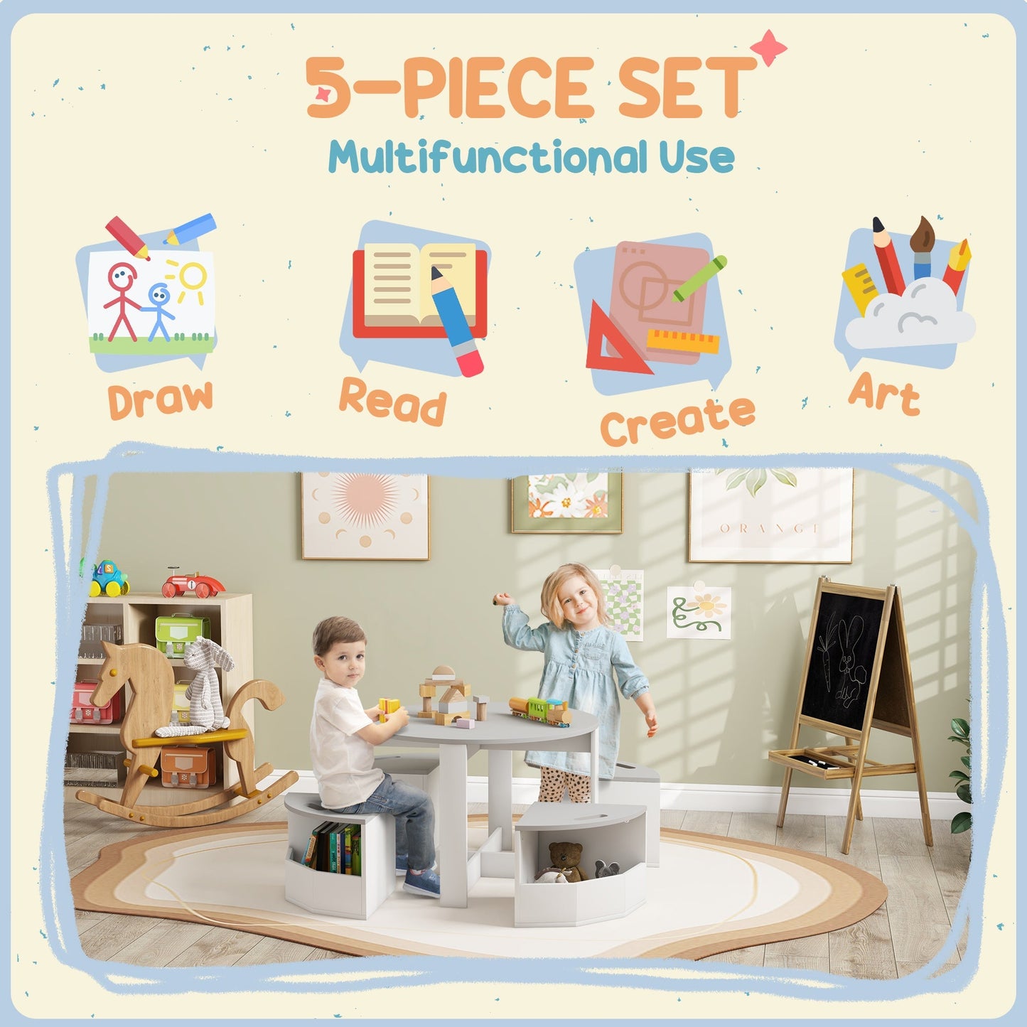 AIYAPLAY Five-Piece Kids Table and Chairs Set with Storage, for Ages 3-8 Years, Grey