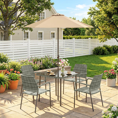 Outsunny 4 Seater Rattan Dining Set with Parasol, 6 Piece Garden Table and Stackable Chairs with Tempered Glass Tabletop