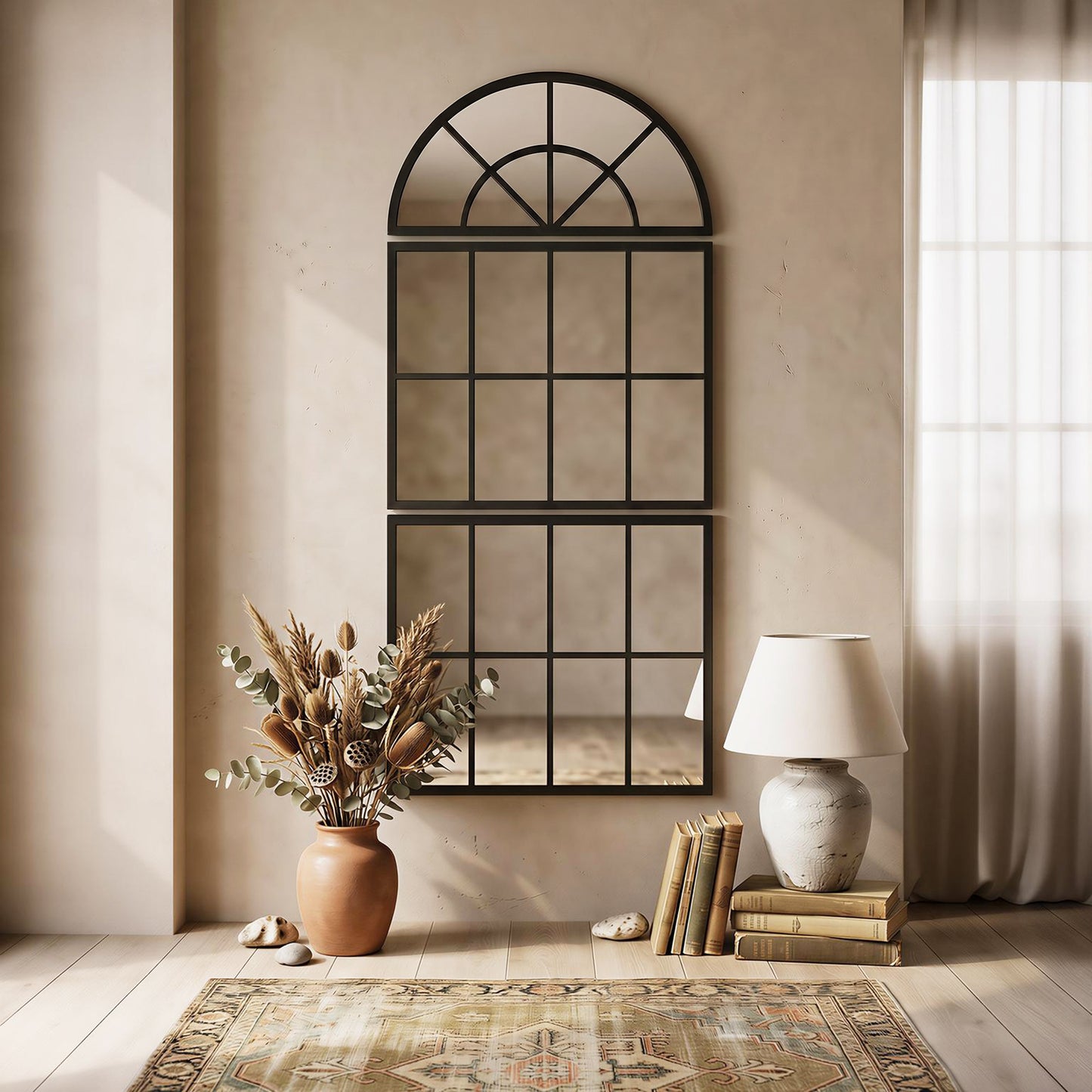 HOMCOM Large Arched Wall Mirror with Metal Grid, 3-Piece Split Window Mirrors, 120 x 54 cm, Black