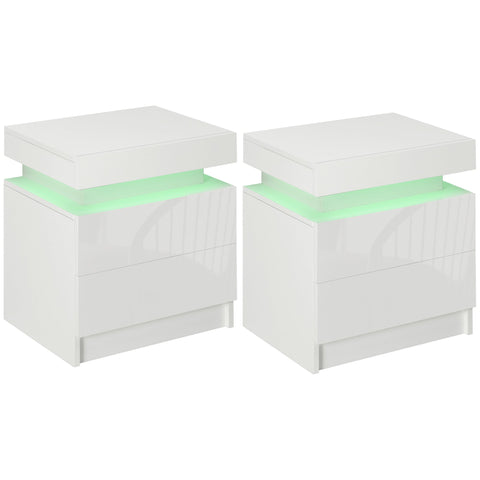 HOMCOM Set of 2 White Bedside Tables with LED Lights, High Gloss Front Nightstands with 4 Drawers