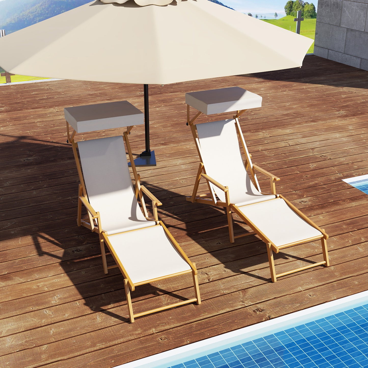 Birch Wood Chaise Lounge Chair with Adjustable Canopy Reclining Backrest and Footrest-Beige