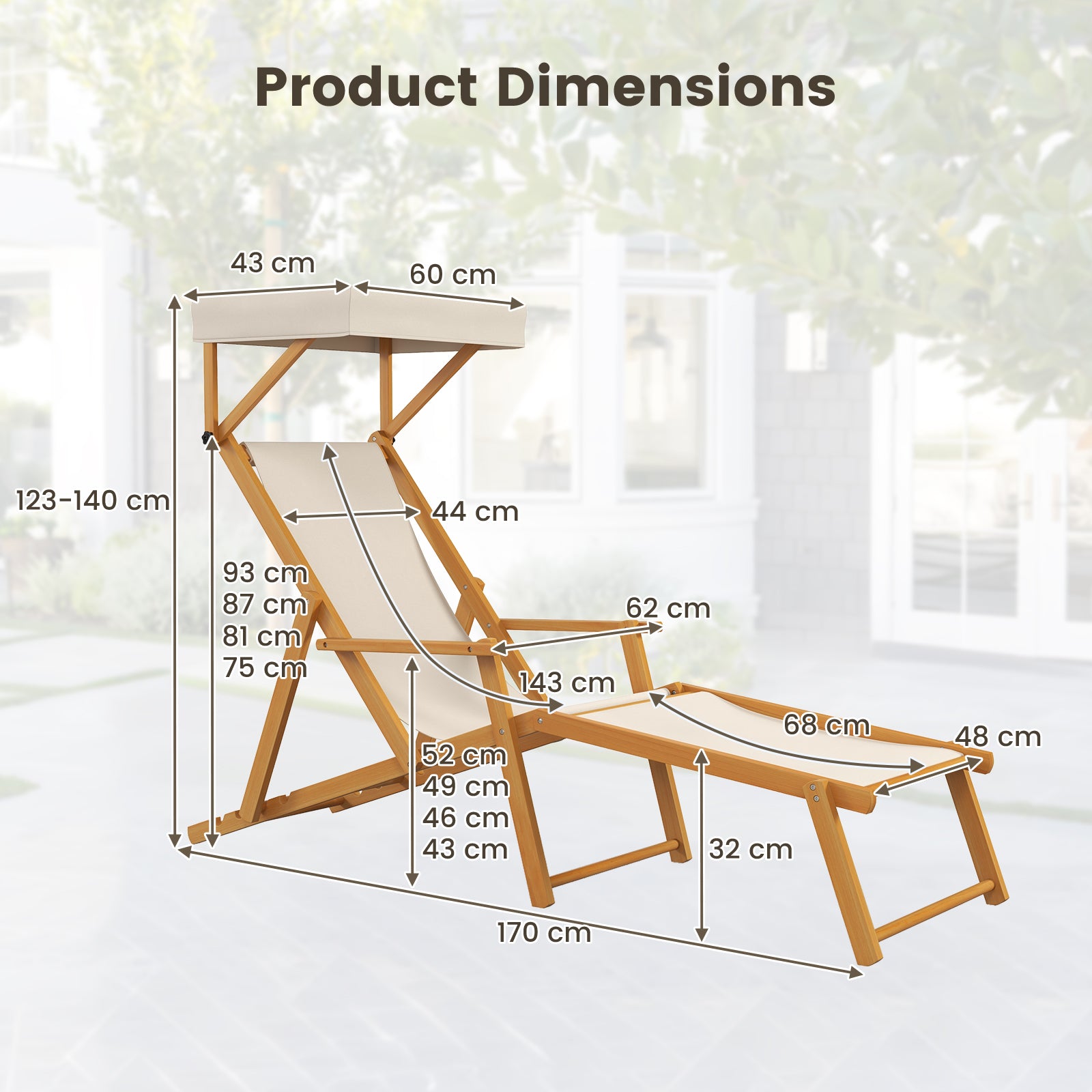 Birch Wood Chaise Lounge Chair with Adjustable Canopy Reclining Backrest and Footrest-Beige
