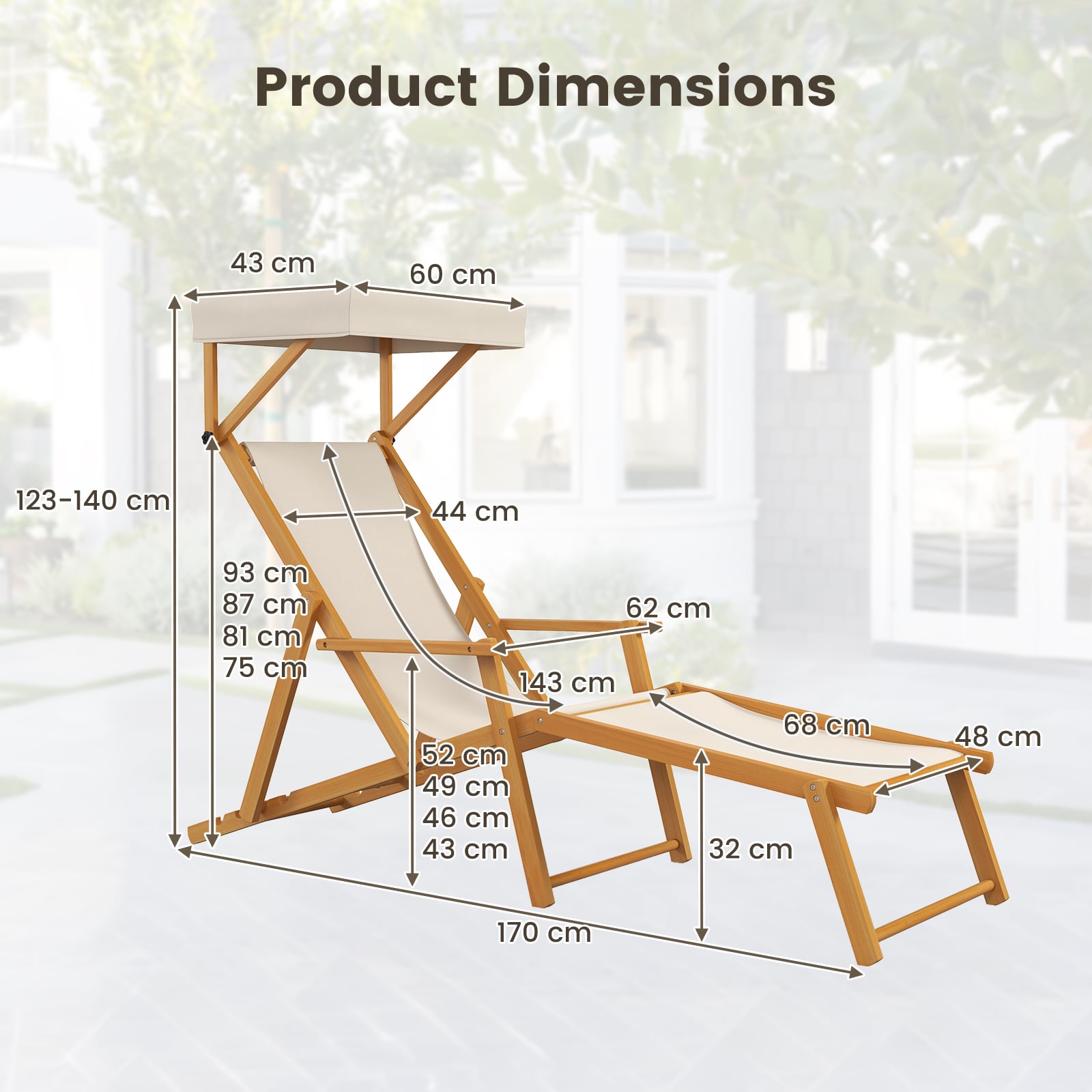 Birch Wood Chaise Lounge Chair with Adjustable Canopy Reclining Backrest and Footrest-Beige
