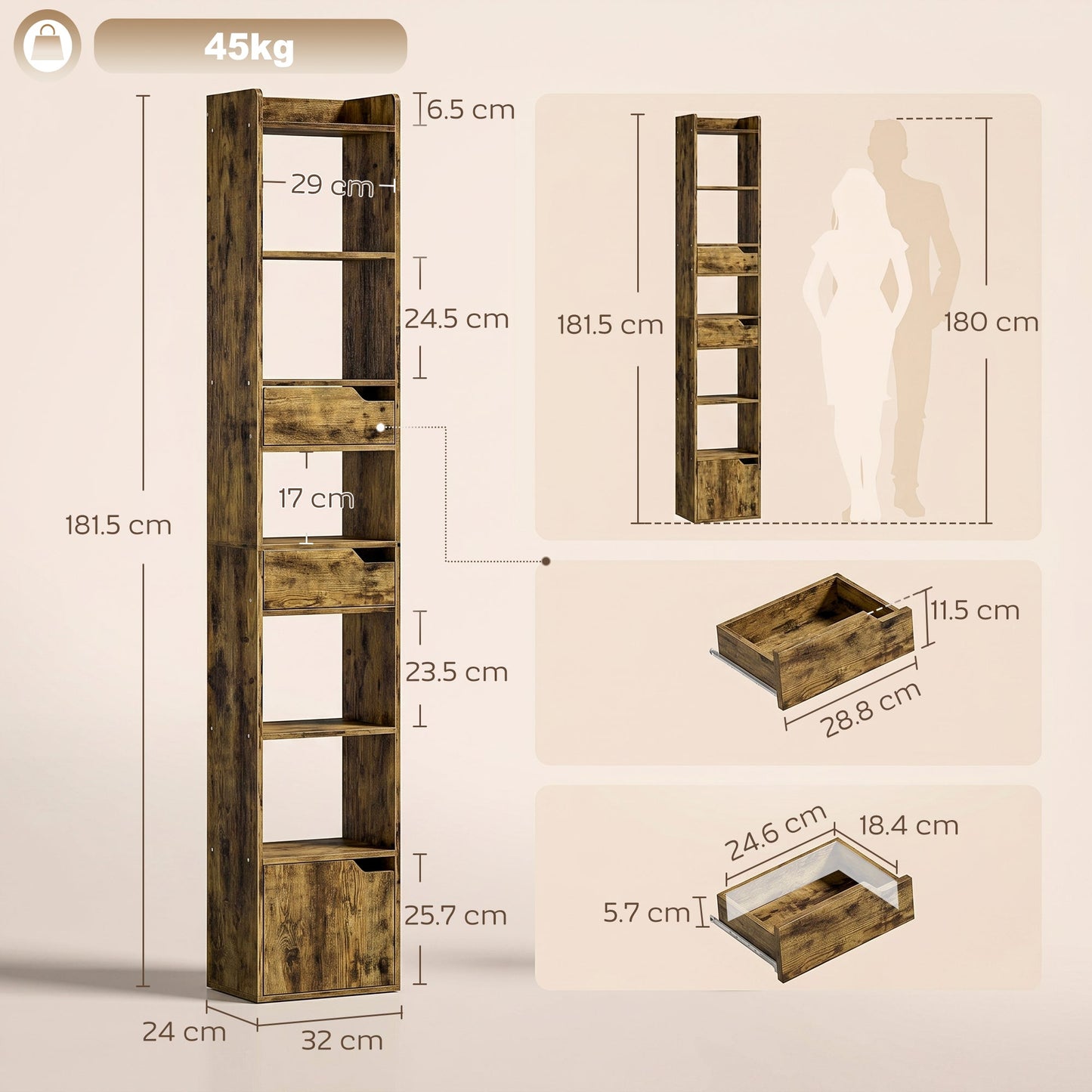 HOMCOM Bookcase Tall Narrow with 5 Tiers and Drawers Freestanding Bookshelf Storage Cabinet for Living Room Rustic Brown
